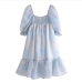 4Stylish Square Neck Puff Sleeve Ruffled Midi Dress