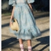 1Stylish Square Neck Puff Sleeve Ruffled Midi Dress