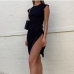 5Summer Black Cap Sleeve Slit Knee Length  Dress