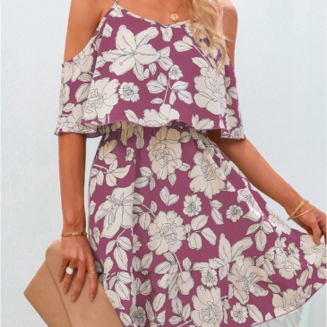 Summer Chiffon Floral Cold Shoulder Short Dress
