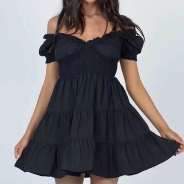 Sweet Black Puff Sleeve Dresses