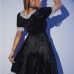 7Trendy Black Lace Trim Short Puff Sleeve Dress
