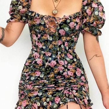 Vintage Backless Ruched Floral Short Sleeve Short Dress