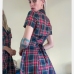 5Vintage Notch Collar Short Sleeve Plaid Dress