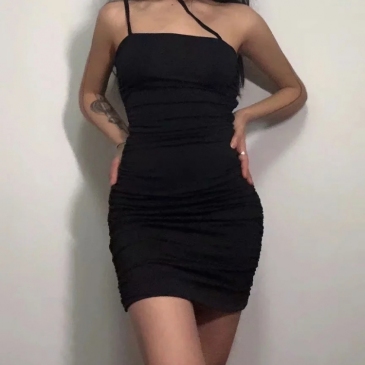  Sexy Pure Color Female Ruched Dress