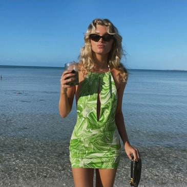 Beach Style Printed Halter Backless Short Dresses