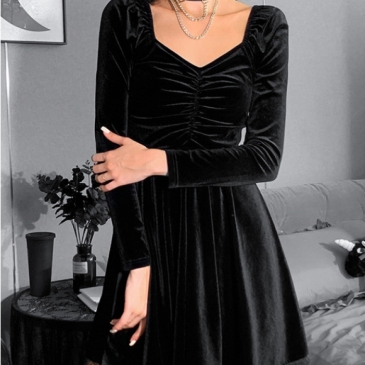 Black Lace Trim Long Sleeve Dresses For Women