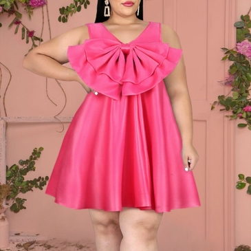 Bow Solid Loose Satin Sleeveless  Cute Plus Size Dresses