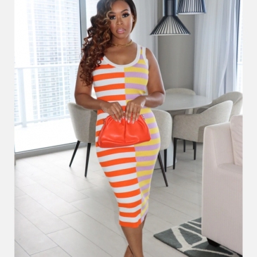 Casual  Colorblock Stripe Sleeveless Midi Dress
