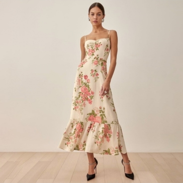 Chic Floral Print Ruffles Sleeveless High Waist Dress