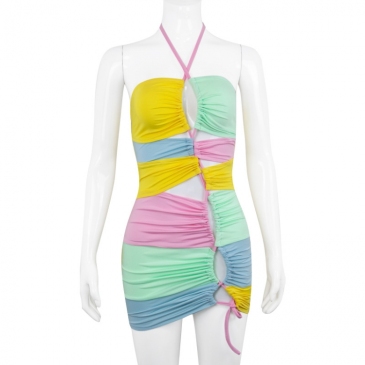 Color Block Drawstring Halter Neck Bodycon Dress