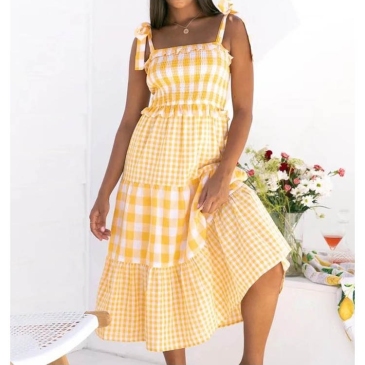 Color Blocking Plaid Camisole Midi Dress
