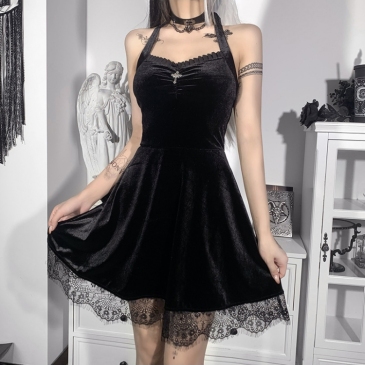 Cool Black Velvet Halter Backless Short Dress