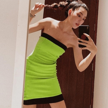 Designer Contrast Color  Ruched Strapless Short Dress