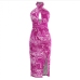 14Drawstring Tie Dye Halter Backless Slit Dresses