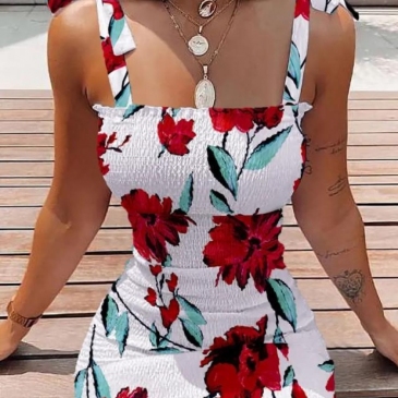 Floral Pure Color Trendy Sleeveless Short Dress