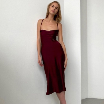 French Style Solid Backless Sleeveless Midi Dress