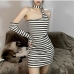 4Halter Neck Backless Striped Bodycon Dress