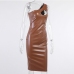 5Inclined Shoulder Hollow Out Pu Sleeveless Dress