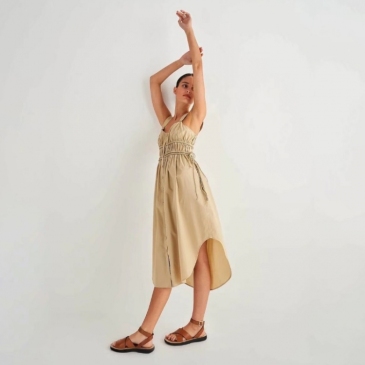 Irregular Ruched Single Button Sleeveless Midi Dress