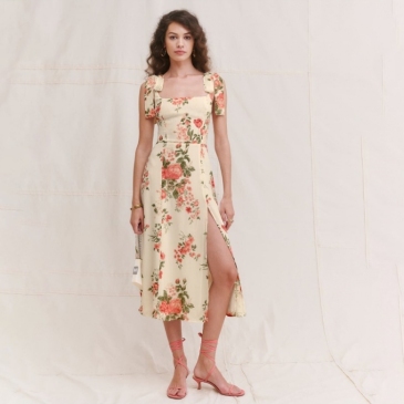 New Floral Print Slit Sleeveless Midi Dress