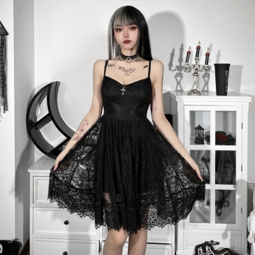 New Trendy Solid Black Sleeveless Lace Dress