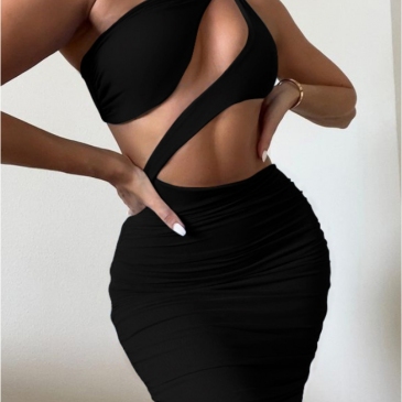 One Shoulder Hollow Out Ruched Bodycon Dresses
