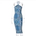 11Open Back Geometric Printed Halter Dress