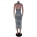5Outdoor Houndstooth  Hollow Out Halter Midi Dress