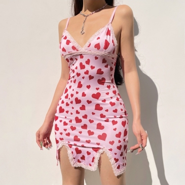 Printed V Neck Spaghetti Strap Sleeveless  Mini Dress