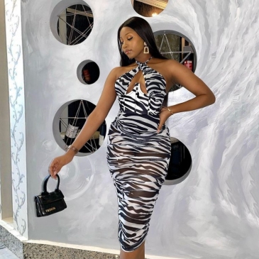 Sexy Halter Animal Print Sleeveless Midi Dress