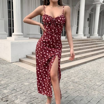 Sexy Ruched Floral Slit Camisole Midi Dress