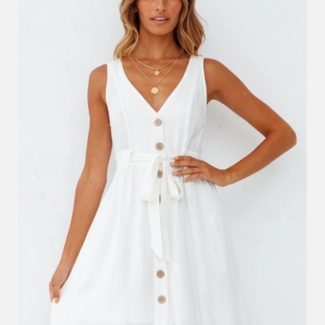 Single Breasted V Neck White Sleeveless Dress