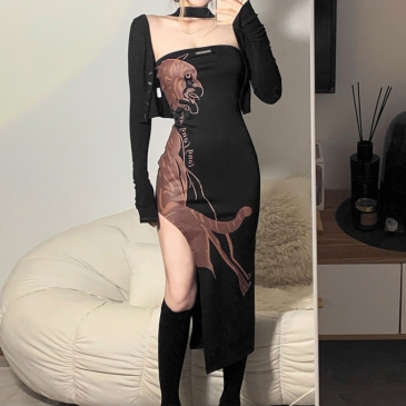 Stylish Printed Backless Slit Halter Sleeveless Dress
