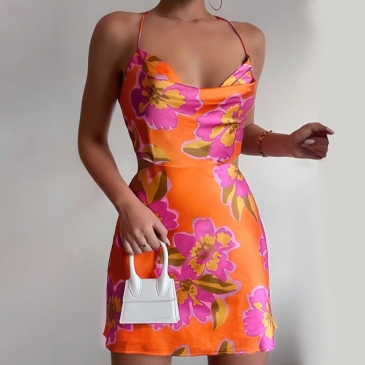 Stylish Printed Spaghetti Strap Cowl Neck Dress