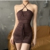 1Stylish Solid Ruched Sleeveless Halter Dress With Sleeve