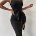 6Summer Black Slit Tie Wrap Sleeveless Dress