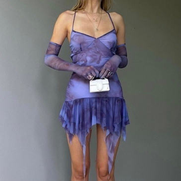 Trendy Gauze Printed Irregular Hem Ladies Dress