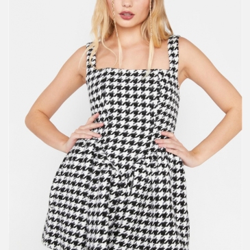 Trendy Houndstooth Square Neck Pleated Dresses