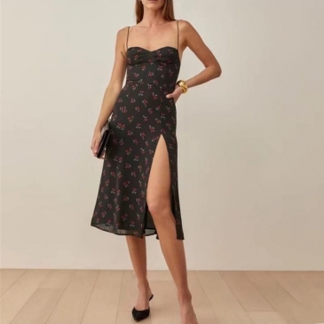 Vintage Printed Slit Zipper Up Spaghetti Strap  Sleeveless Dress