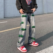  Men's  Fashion Embroidered Printing Loose Jeans