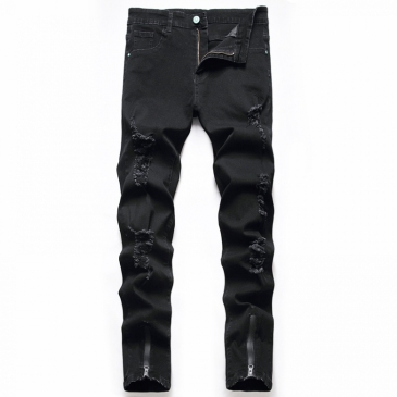 Street Zipper Design Black Ripped Denim Jeans