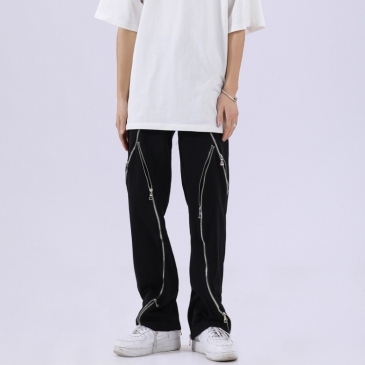Personality Black Zipper Patchwork Design Straight Pants