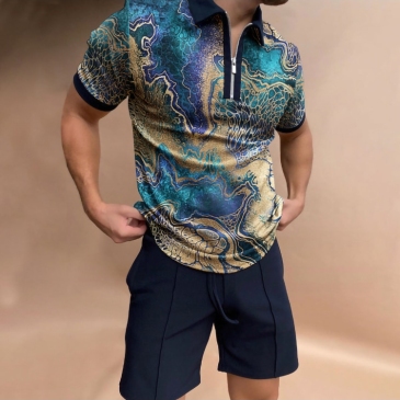  New Short Sleeve Printed Half Zipper Polo T Shirts For Men