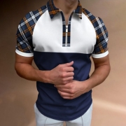 Color Blocking Plaid  Zipper Summer Sports Polos For Men