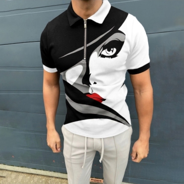 Contrast Color Printing Summer White Black Polo Shirt