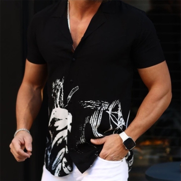 Casual Printed Black Short Sleeve Men Shirts