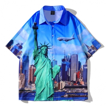 Casual Printed Short Sleeve Blue Shirt For Men