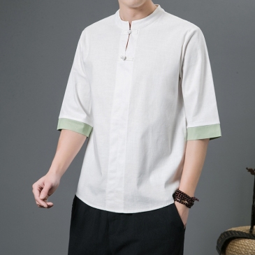 Chinese Style Contrast Color Linen Half Sleeve Tops