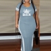 25 Letter Printed Side Slit Plus Size Maxi Dresses
